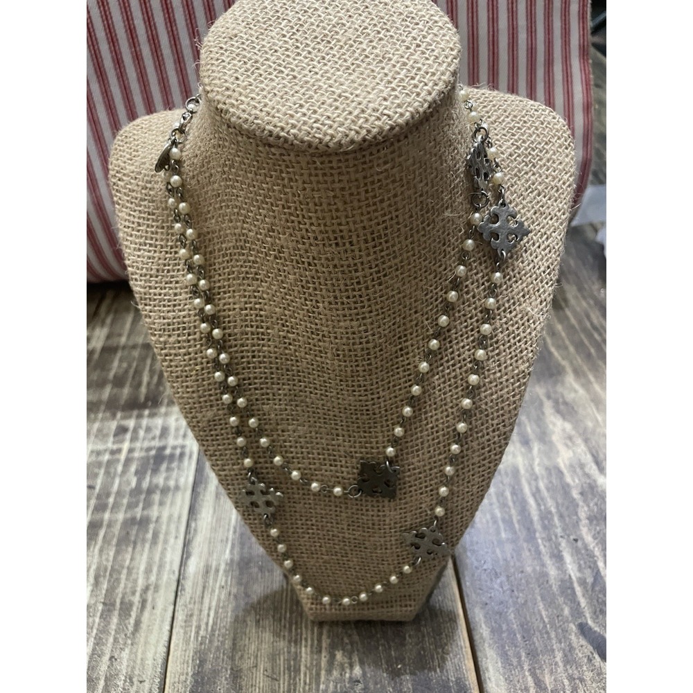 Julio Patonce Cross And Pearl Long Silver Chain EUC